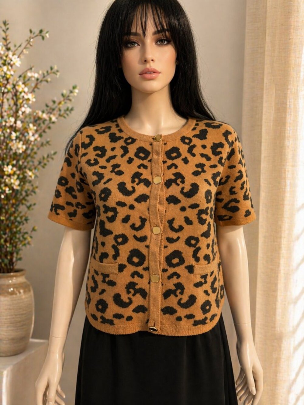 Leopard Print Knit Cardigan | Gold Button Detail | Chic Soft Sweater XL